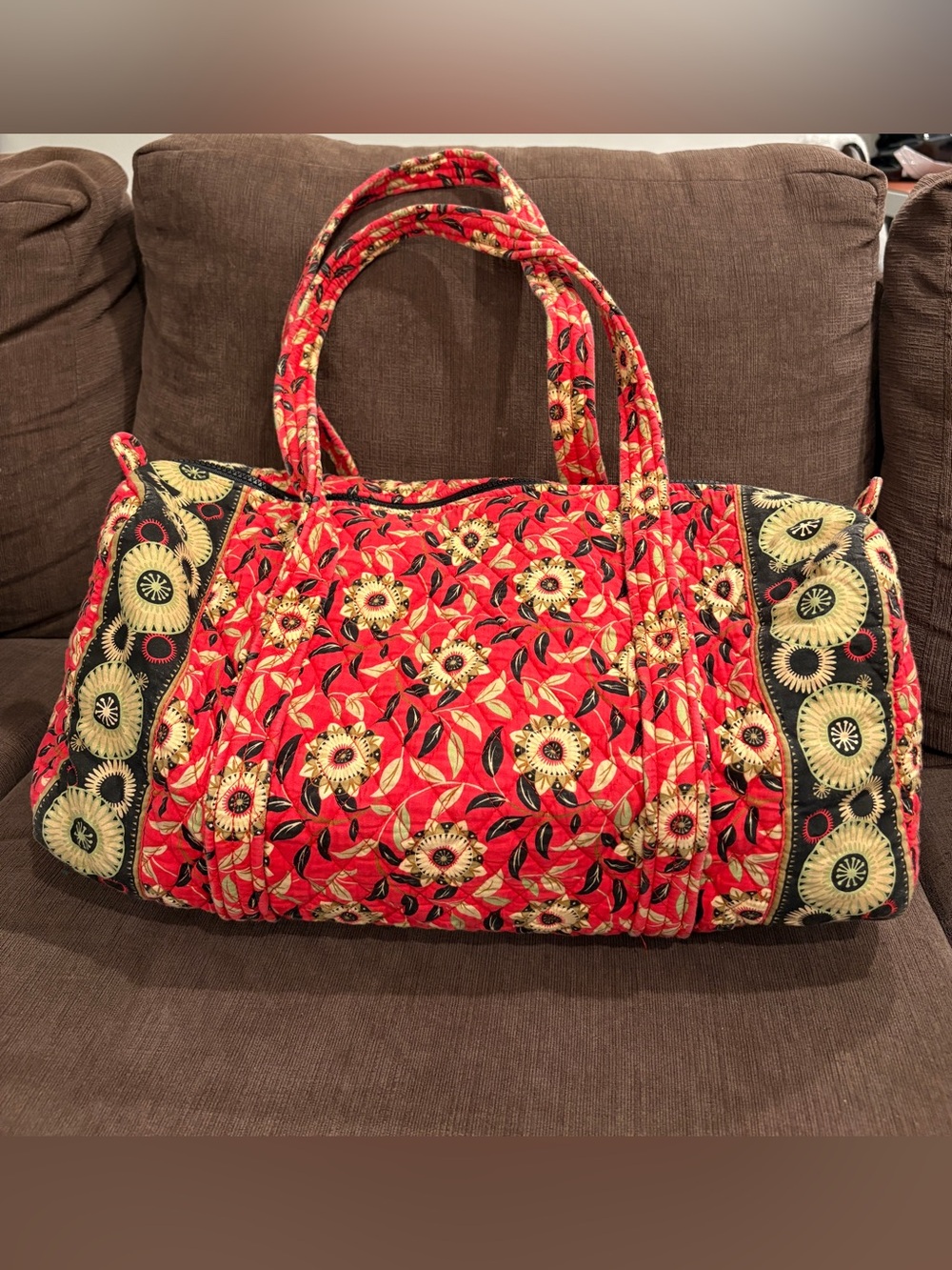 Maggi B Red Cotton Quilted Floral Duffle Shoulder Bag